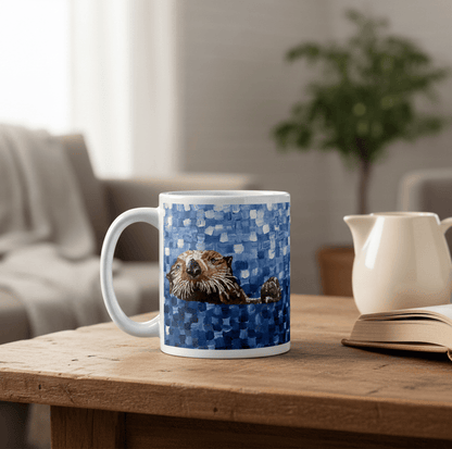 Sea otter painted mug on wooden coffee table with cream pitcher and book in cozy living room setting
