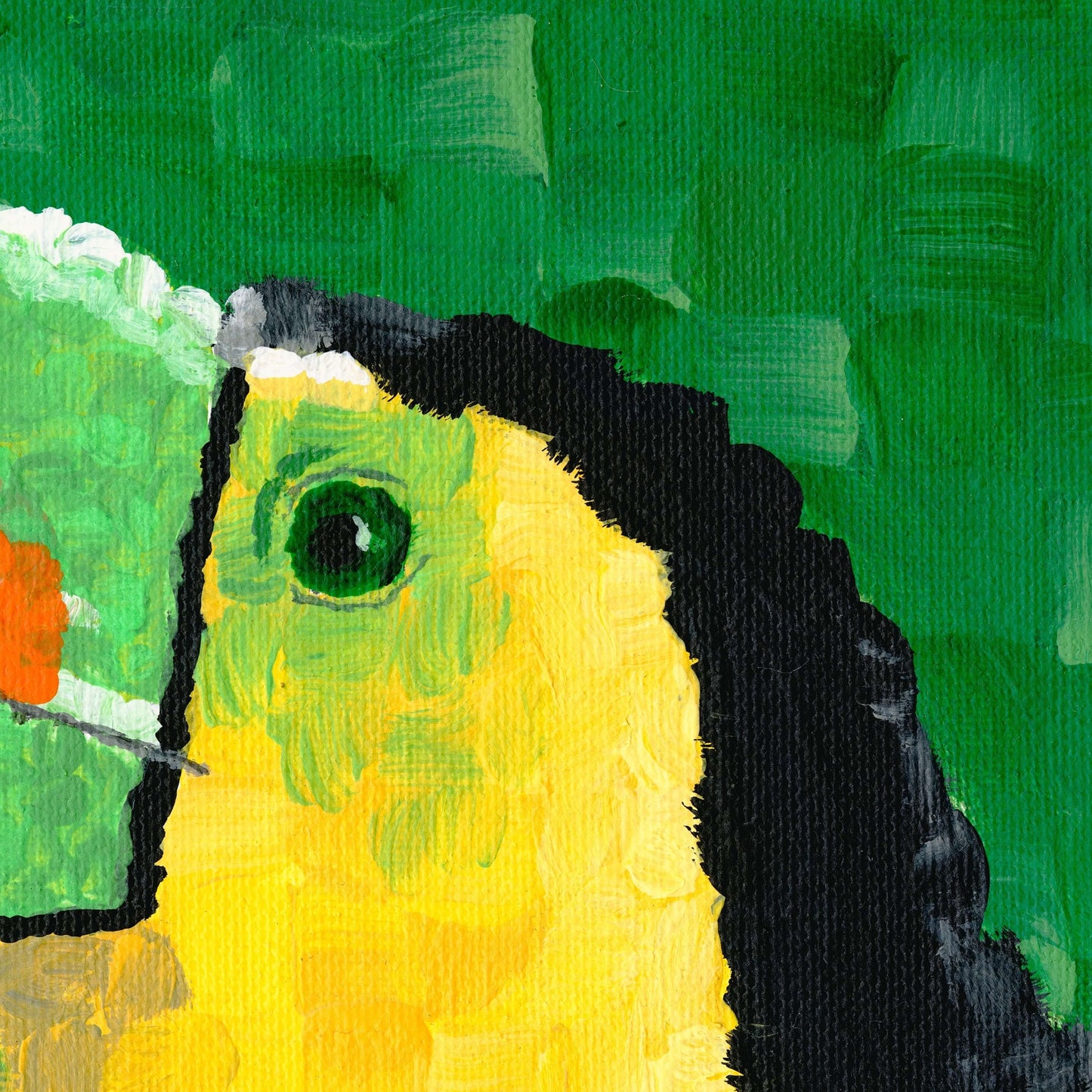 Close-up of toucan painting showing eye and beak brushwork texture