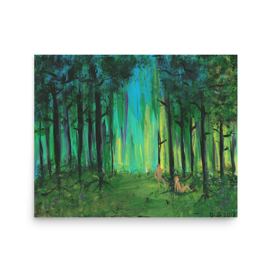 Two Men in Forest art print featuring original artwork and vibrant nature prints – bold artwork for home or office décor.