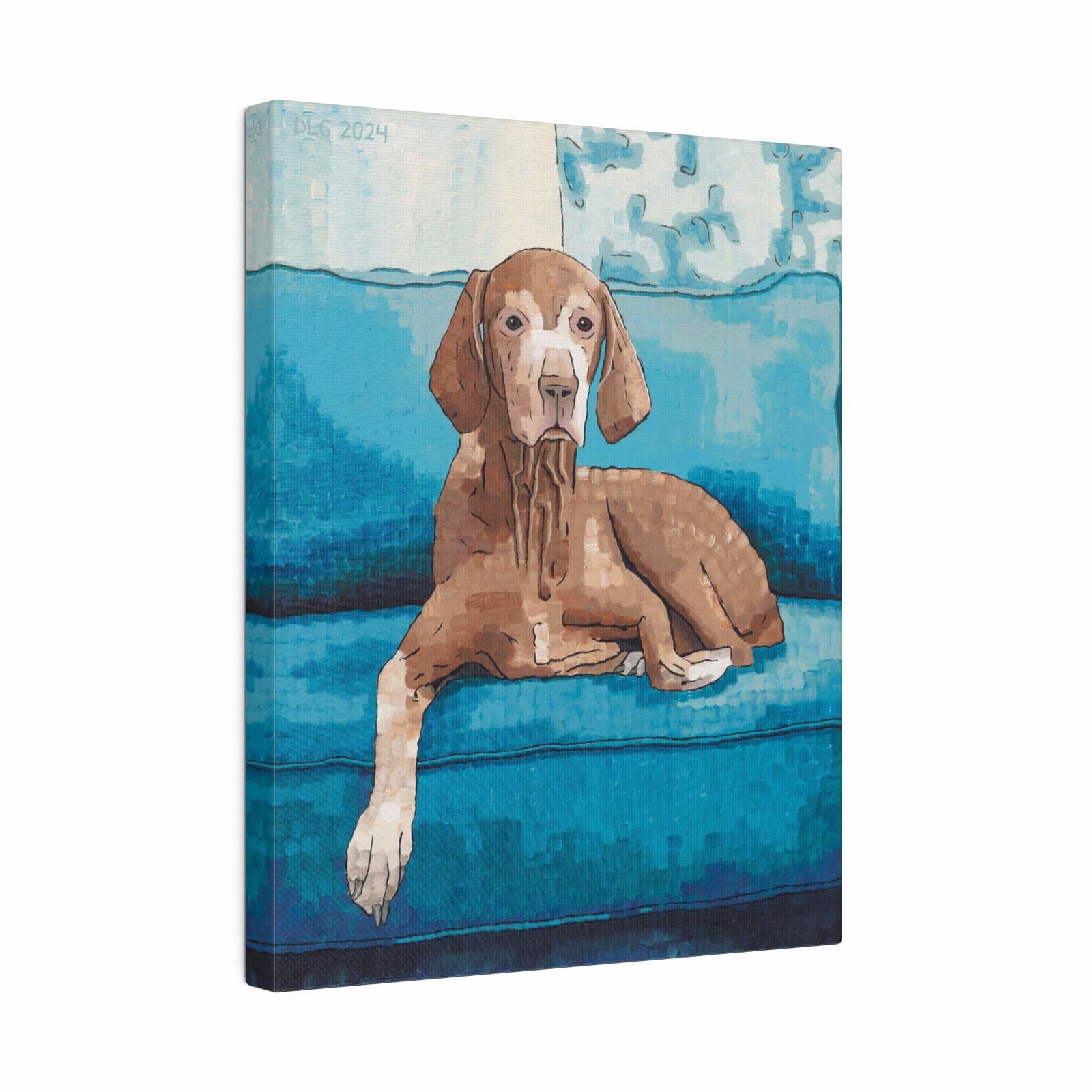 Home interior with Vizsla dog print — warm tones and brushstroke texture create standout home canvas wall art.