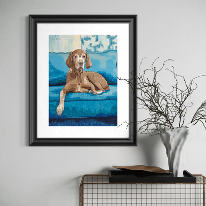 Vizsla Hungarian Pointer art print, rust-coated dog on teal sofa, painterly brushwork by Dorrin Gingerich