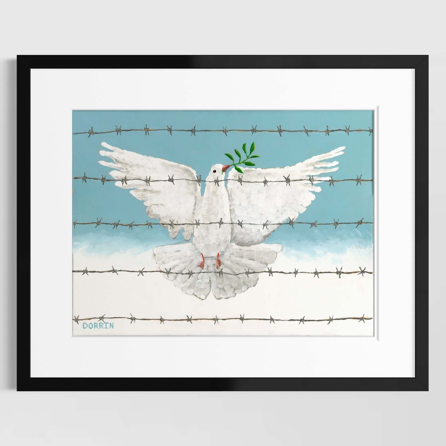 Peace dove art print — white dove with olive branch behind barbed wire, political wall art by Dorrin Gingerich