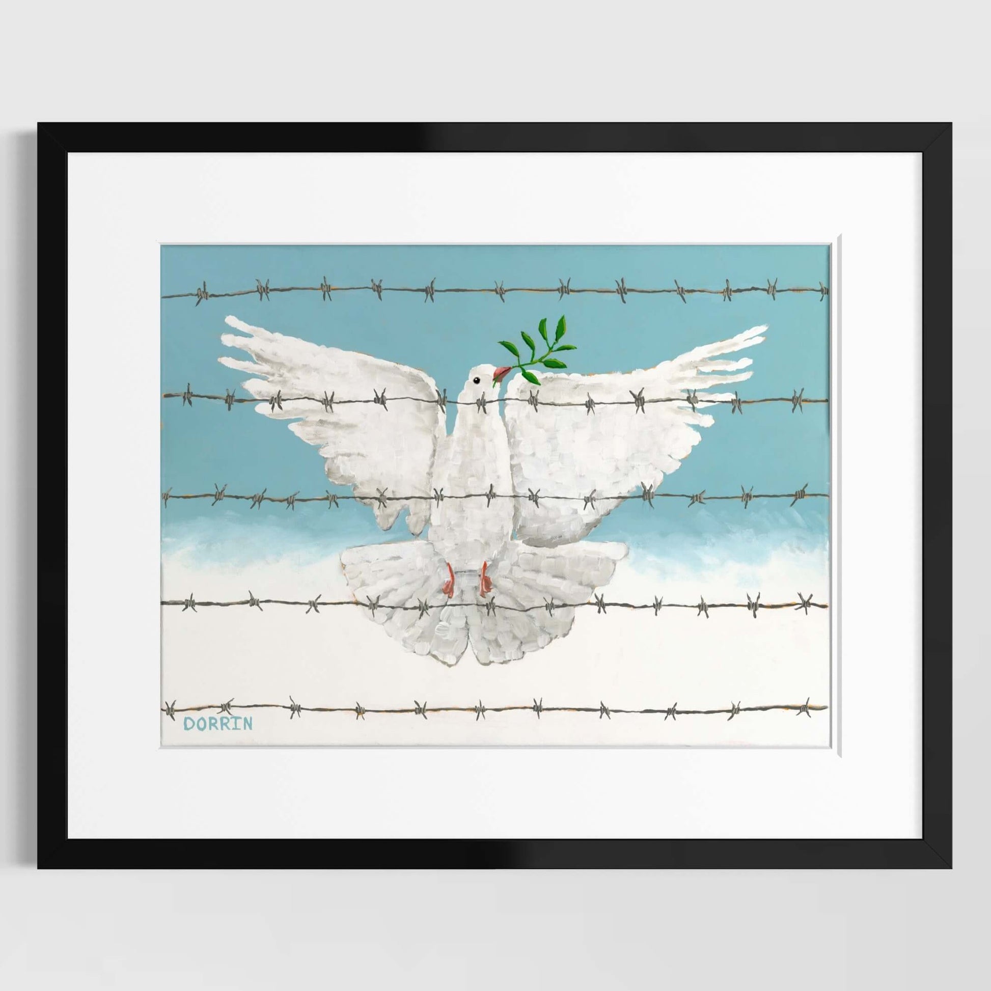 Peace dove art print — white dove with olive branch behind barbed wire, political wall art by Dorrin Gingerich