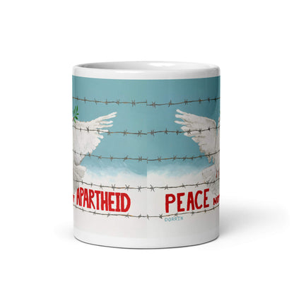 Mug with artwork of doves on either side of barbed wire, with 'Apartheid' and 'Peace' written across.