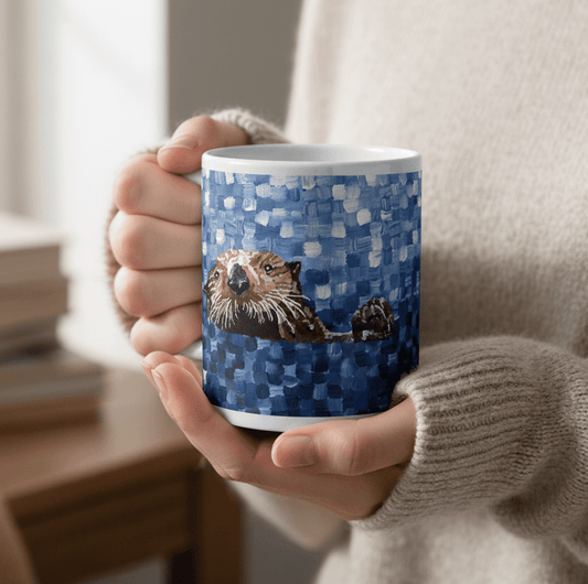 Person holding a mug with a blue pattern and otter design.