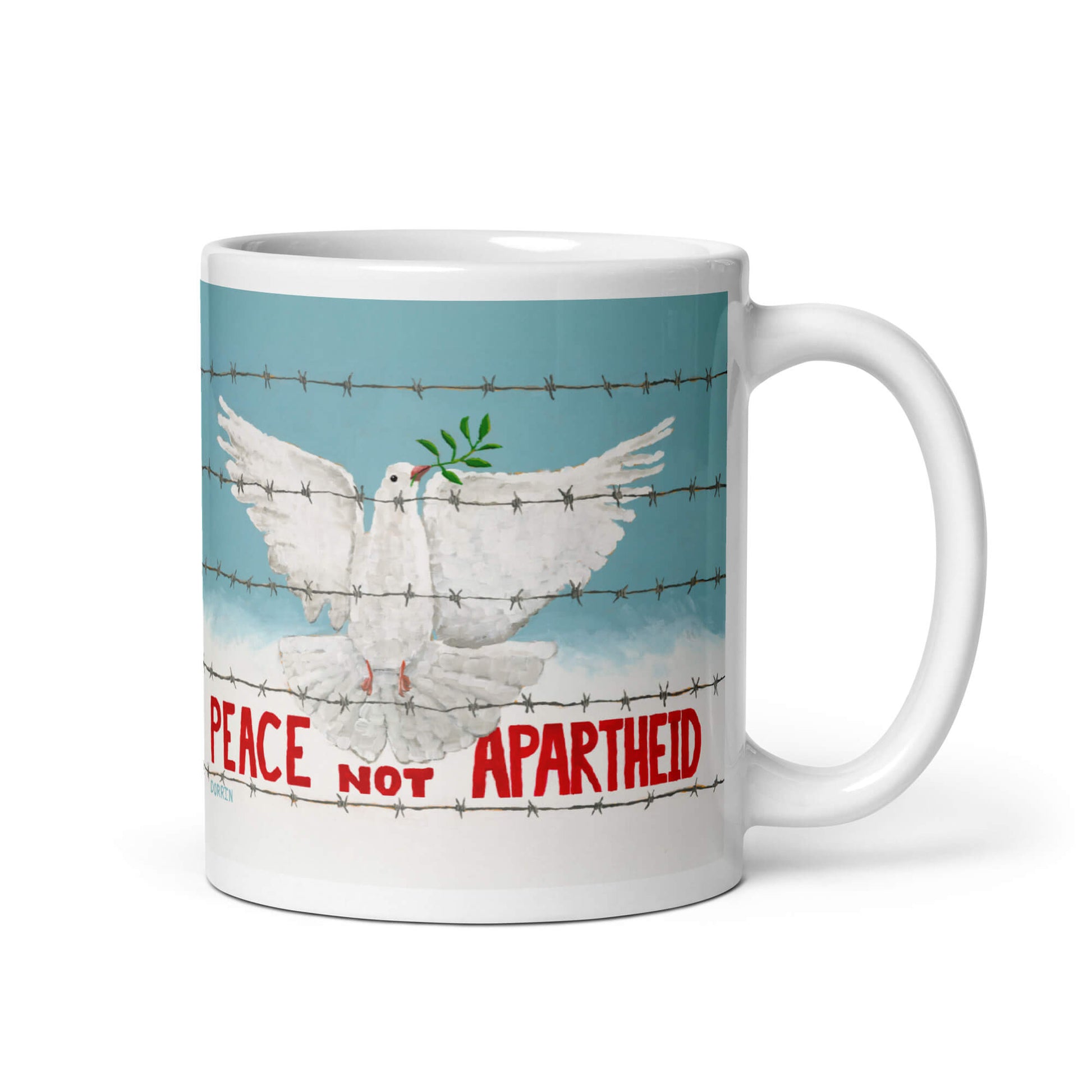 Mug with a dove and 'Peace Not Apartheid' design on a blue background