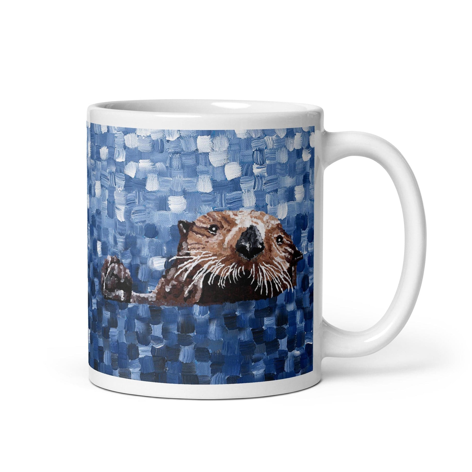 White mug featuring colorful sea otter artwork against a textured blue background Sea Otter | Mug