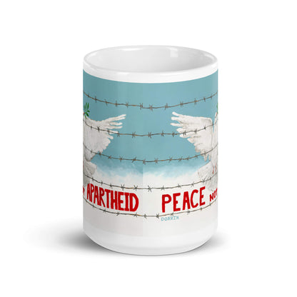 Mug with artwork of doves behind barbed wire and text 'APARTHEID PEACE NOT' on a blue background.