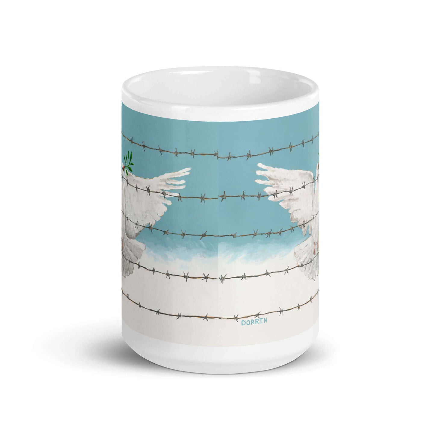 Mug with artwork of a dove behind barbed wire on a blue background