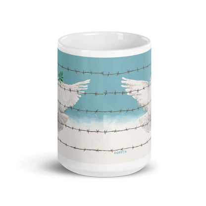 Mug with artwork of a dove behind barbed wire on a blue background