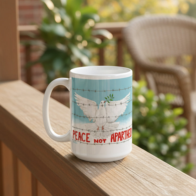 Mug with a dove barbed wire design and 'Peace Not Apartheid' text on a blue background