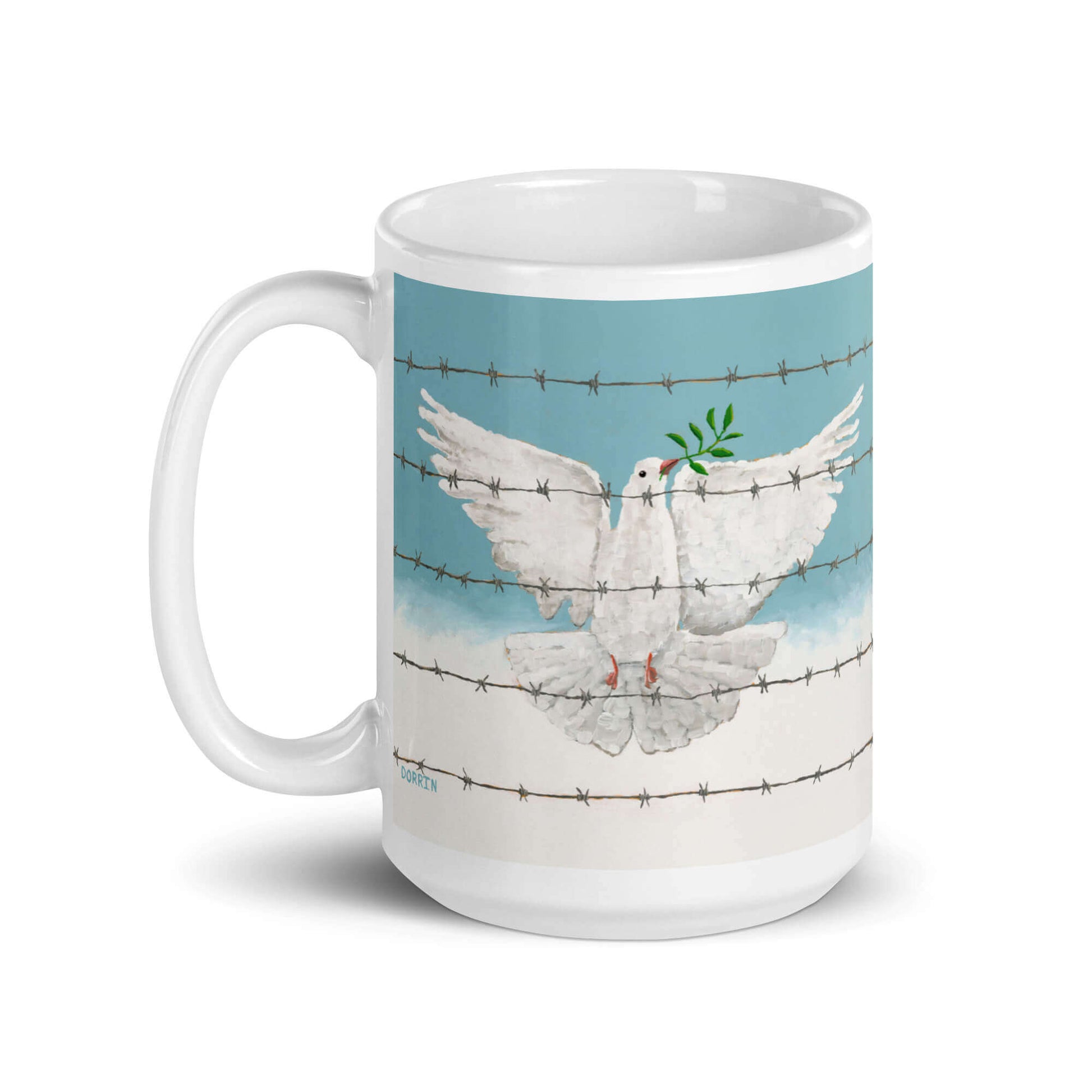 Mug with a design of a dove holding an olive branch against a barbed wire background