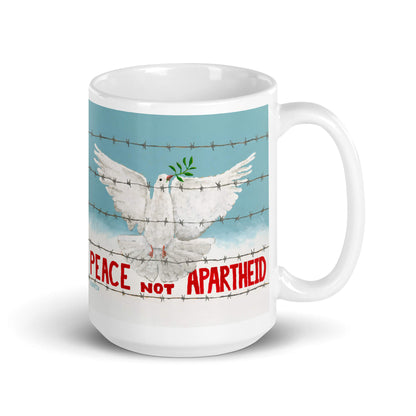 Mug with a dove of peace design and 'Peace Not Apartheid' text on a blue background.