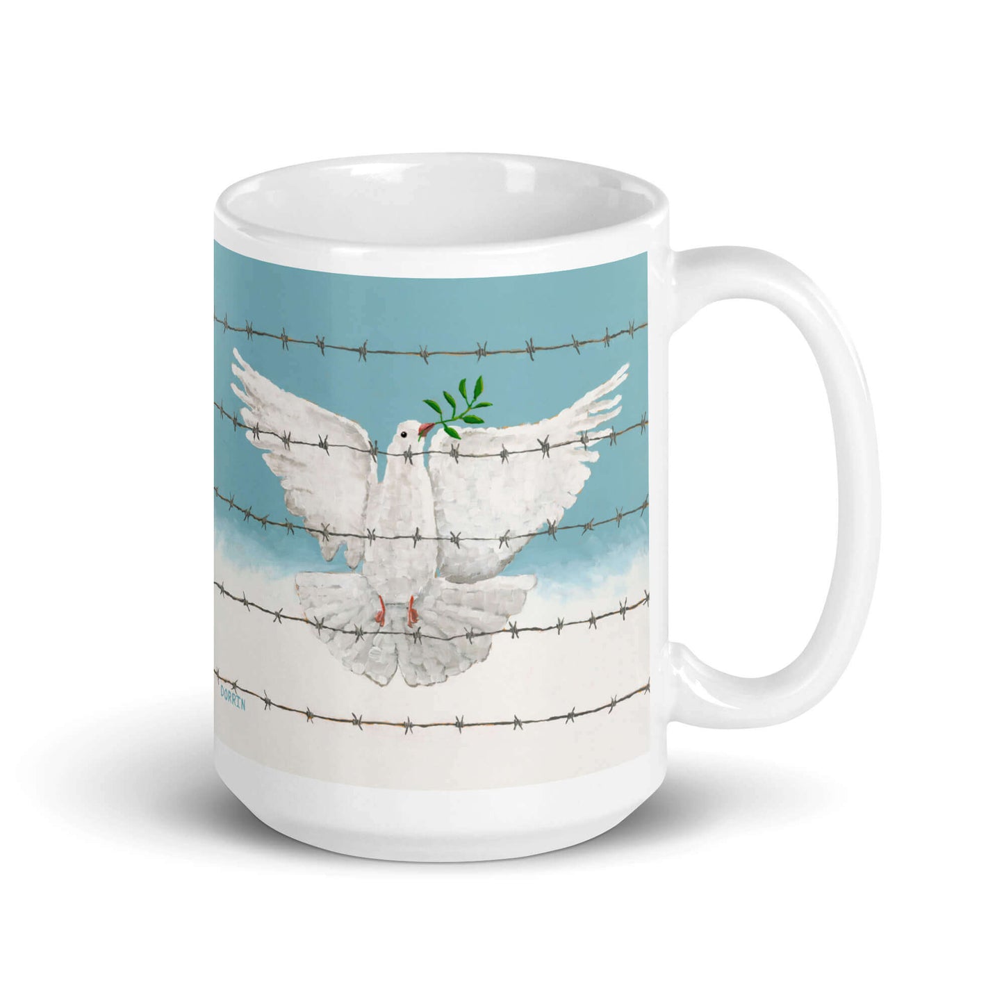 Mug with a design of a dove on barbed wire against a blue background