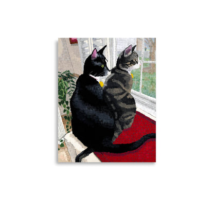 Tuxedo cat and gray tabby watching the yard, 11x14 wall art for cat owners