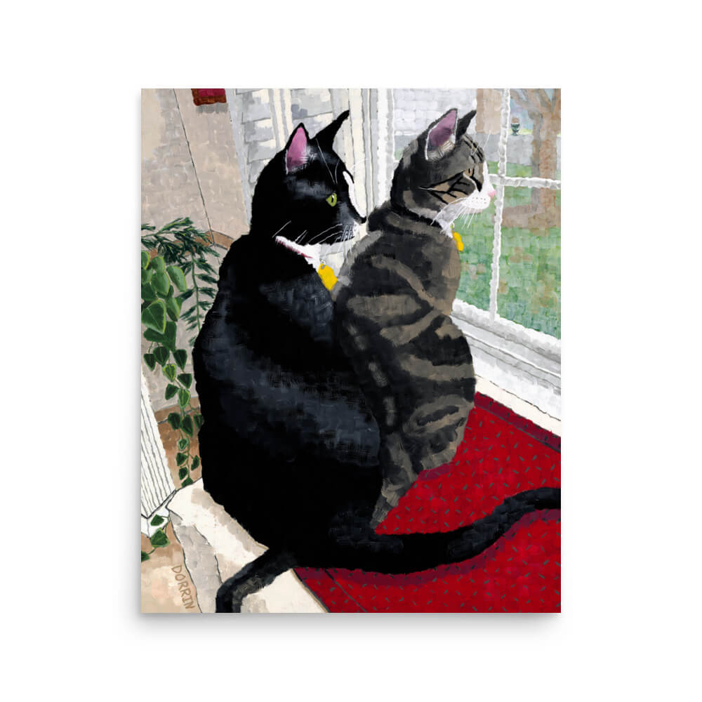 Cats perched on a red rug in a sunny window, 16x20 statement wall art