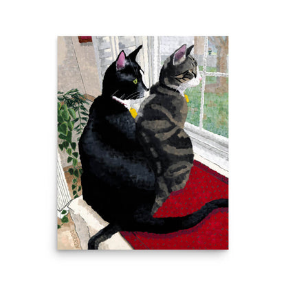 Cats perched on a red rug in a sunny window, 16x20 statement wall art