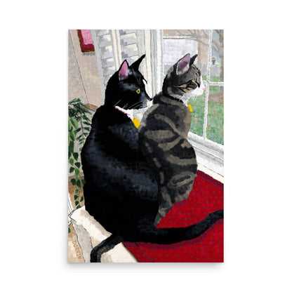 Black and tabby cats side by side at the window, 24x36 oversized cat wall art