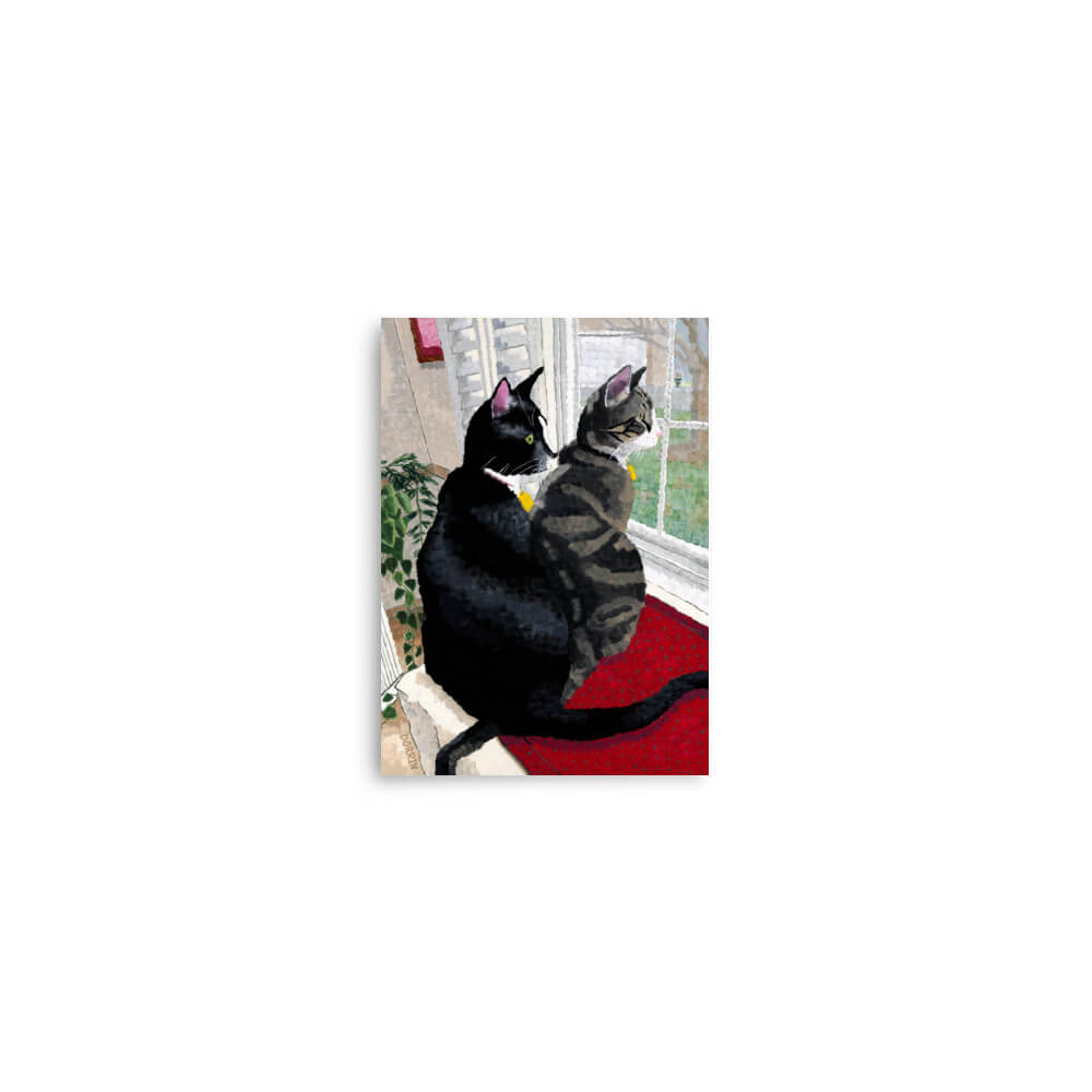 Black cat and tabby cat gazing out a window, 5x7 art print for cat lovers