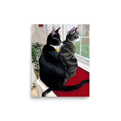 Two cats curled together on a windowsill, 8x10 matte poster gift for pet lovers