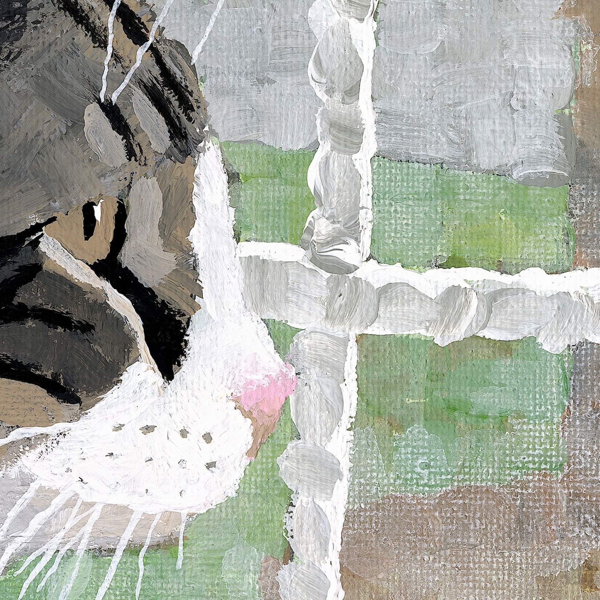 Close-up of the criss-cross brushstroke technique on the tabby cat's fur