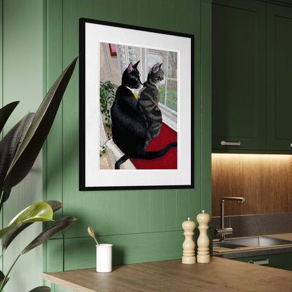 Cat art print framed and hung on a sage green kitchen wall