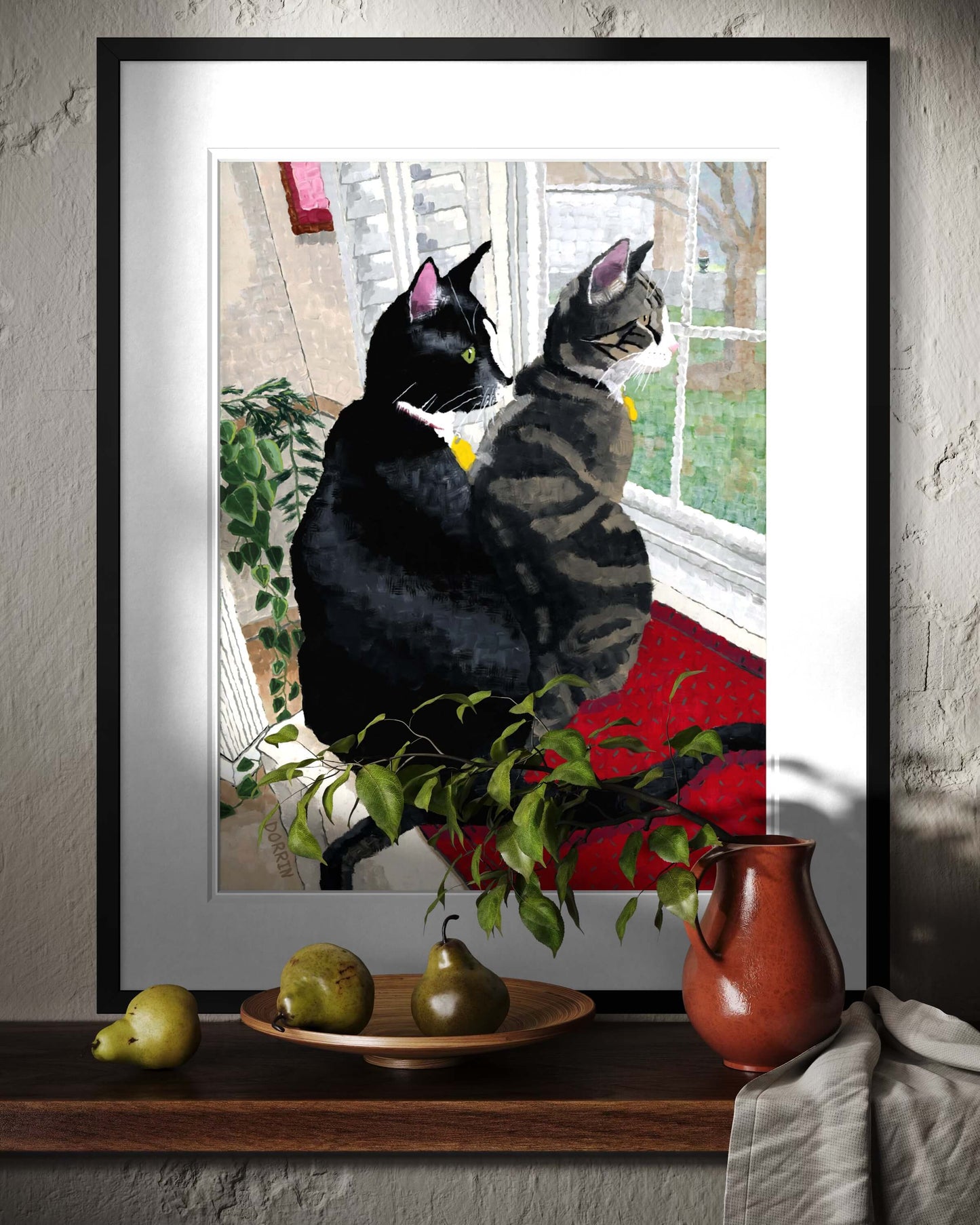 Framed Window Watchers print on a mantle with pears, a pitcher, and greenery