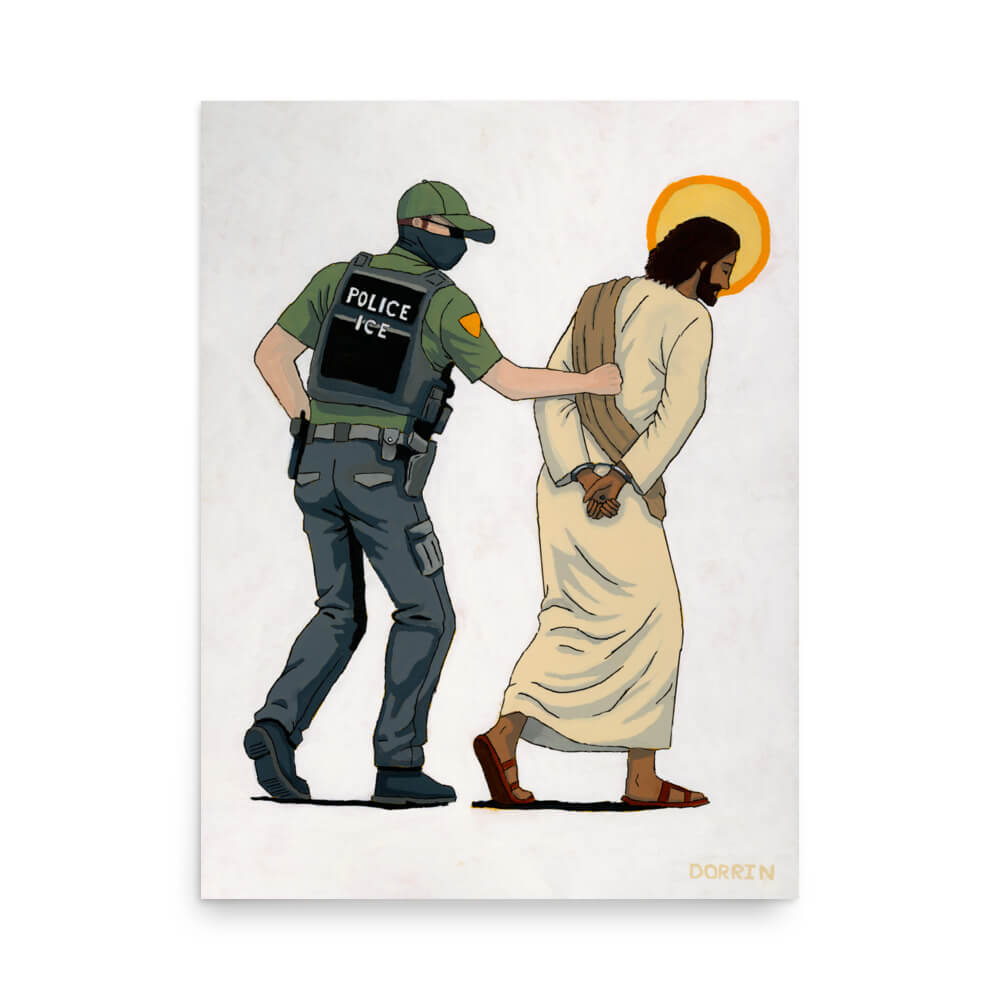Illustration of a police officer escorting a person in a robe with a halo, on a white background.