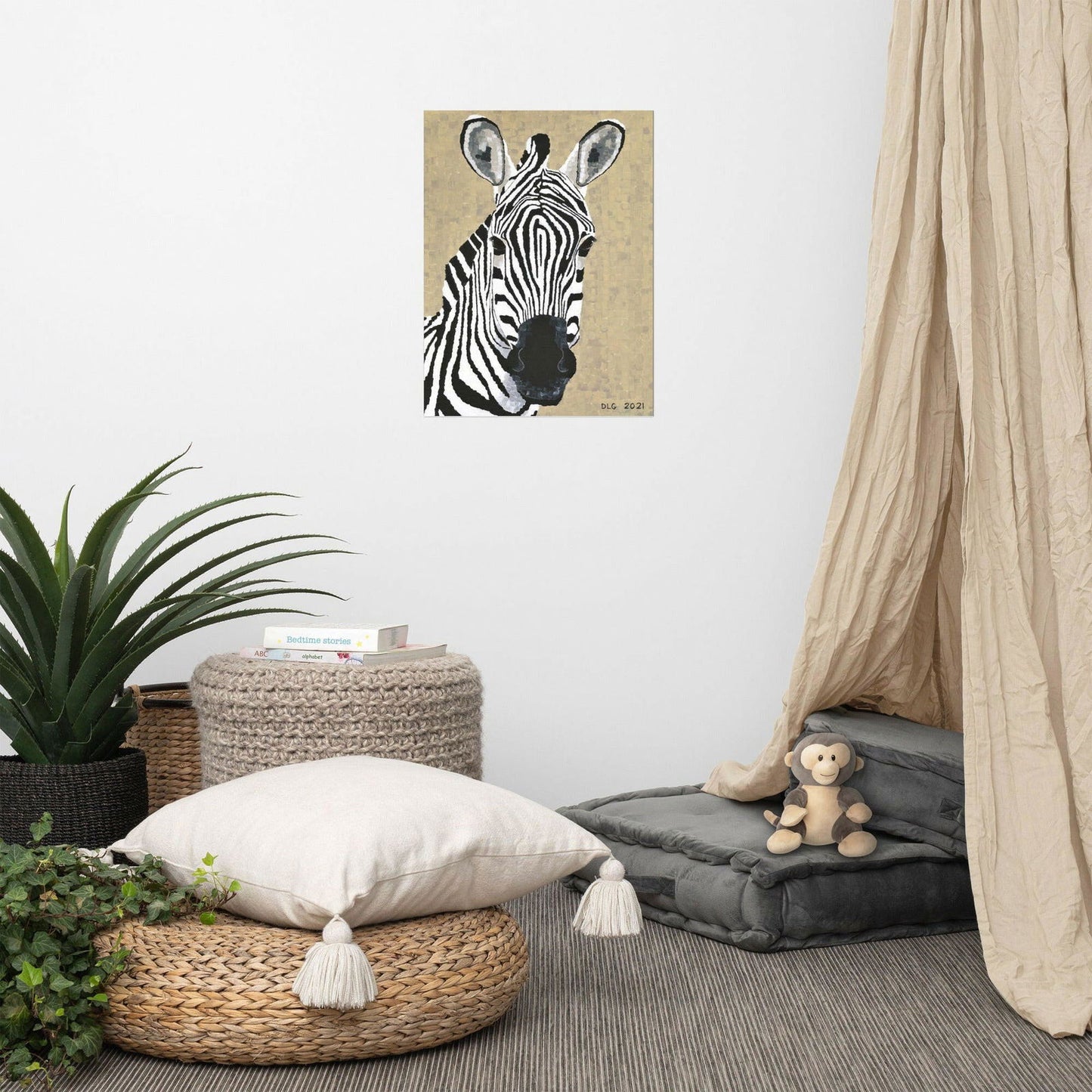 Zebra 1 art print leaning on a shelf — stylish and accessible affordable wall art for modern living spaces.