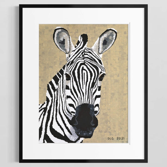 Framed zebra art print with black frame and white mat on a white wall