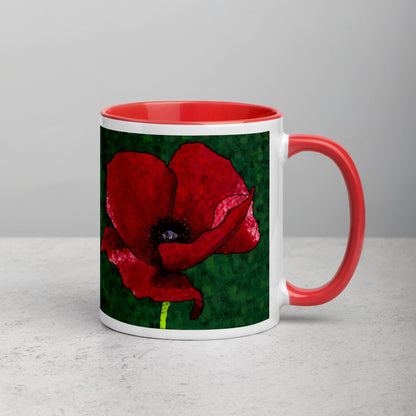 Poppy 1 Mug: A ceramic coffee mug with a beautiful red flower design, featuring a colorful rim and handle. Perfect for your morning ritual.